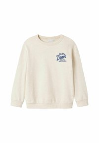 Felpa leggera beige con maniche lunghe, polsini a costine e colletto tondo. Presenta una scritta blu stampata che recita "SKATE Board BKLYN SKATE PARK".