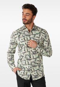 Button-up shirt made of cotton with a money print design. Green and black details; long sleeves with button cuffs; fitted silhouette.