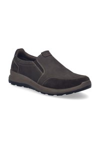 Scarpe marroni slip-on realizzate in pelle e camoscio, con cuciture a contrasto, suola imbottita e suola in gomma per una migliore aderenza.
