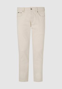 Jean en denim beige avec une coupe droite, design à cinq poches et coutures contrastantes. Comprend un bouton en métal et une fermeture à glissière.