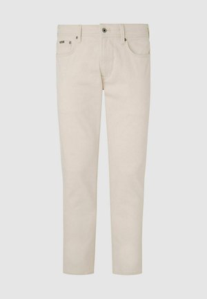 Beige Denim-Jeans mit geradem Bein, Fünf-Pocket-Design und kontrastierender Nähte. Mit einem Metallknopf und Reißverschluss.