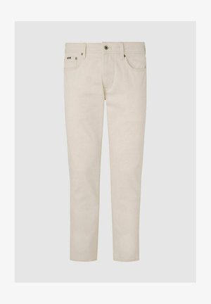 Beige Denim-Jeans mit geradem Bein, Fünf-Pocket-Design und kontrastierender Nähte. Mit einem Metallknopf und Reißverschluss.