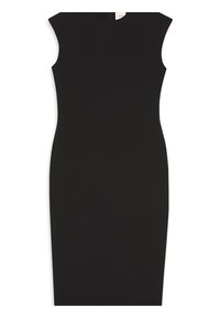 Robe noire sans manches, cintrée, longueur genou, avec un col rond et une fermeture éclair au dos.