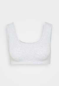 Harmaa puuvillainen bralette, jossa on halkaistunut kaula-aukko ja leveät hihnat, jotka tarjoavat sileän tekstuurin ja saumatonta muotoilua ilman kiinnikkeitä.