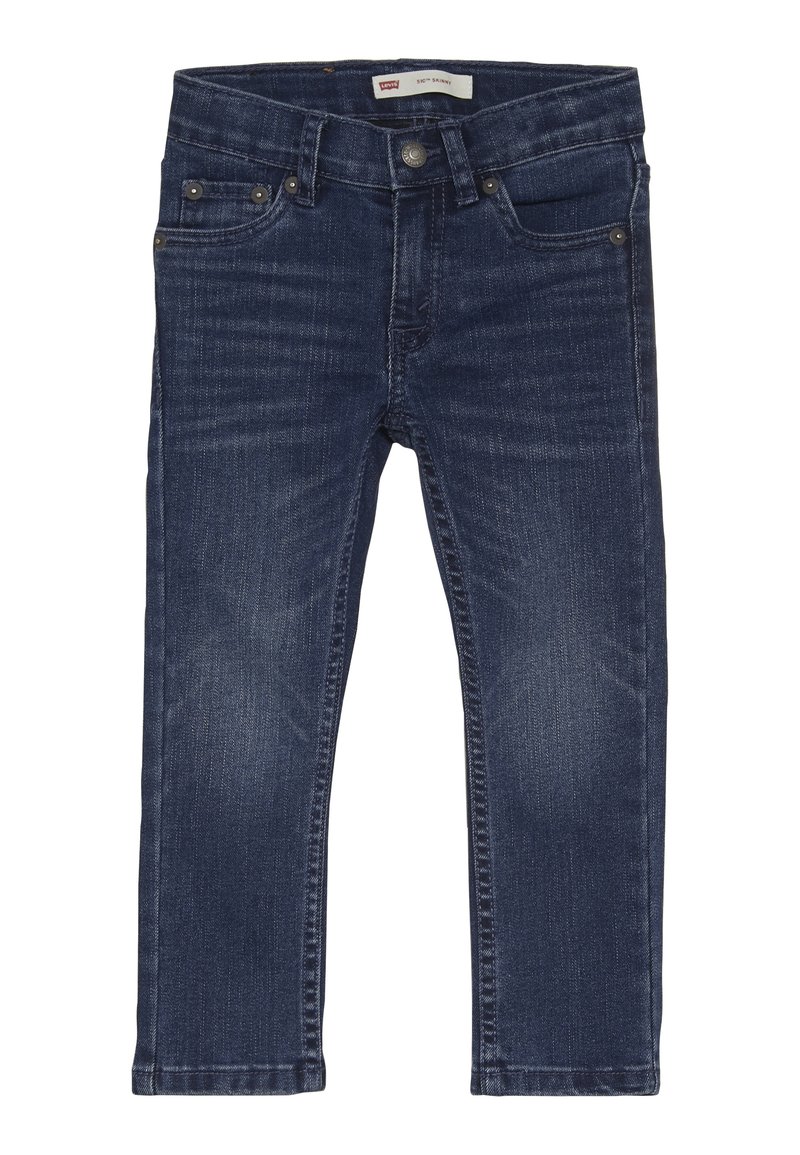Schlanke Denim-Jeans in Dunkelblau. Mit klassischem Fünf-Taschen-Design und metallischem Knopfverschluss an der Taille. Glattes, leicht strukturiertes Material.
