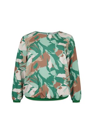 Langslavige blouse in een groen, bruin en crèmekleurig abstract patroon. Heeft een ronde halslijn en een elastische zoom voor een gerimpeld effect.
