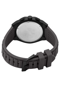 Schwarze Gummi-Uhr mit einem strukturierten grauen Armband, großen runden Gehäuse und glattem metallischen Rücken. Verfügt über einen schwarzen Schnallenverschluss.
