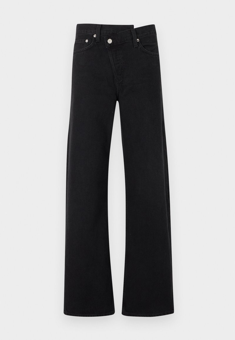 Jean noir taille haute à jambes larges, avec fermeture avant par boutons et fermeture éclair, poches latérales et passants pour ceinture, présenté à plat sur fond blanc.