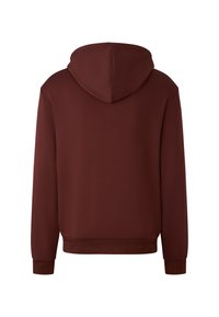 Bruine hoodie met een trekkoordkap, lange mouwen en ribgebreide manchetten. Gladde textuur met een eenvoudig, effen kleurontwerp.