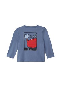 Niebieska bluza z długim rękawem dla malucha z czerwonymi karykaturalnymi krabem oraz napisem "OH CRAB" na plecach.