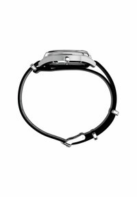 Zwarte siliconen horlogeband met zilverkleurige metalen sluiting, voorzien van een ronde kast van roestvrij staal en een helder, beschermend glazen deksel.