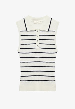Mouwloze polo-top in het wit met marineblauwe horizontale strepen, voorzien van een gestructureerd breipatroon, een kraagnek en een vijfknopenlijst.
