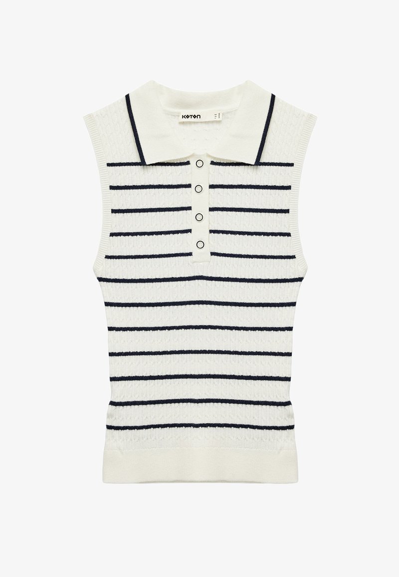 Hihaton poolopaita valkoisena, tummansinisillä vaakaraidoilla. Paidassa on teksturoitu neulekuvio, kauluspaita ja viiden napin etuosa.