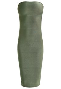 Olivgrünes trägerloses Bodycon-Kleid mit strukturierten horizontalen Streifen und einer figurbetonten Silhouette, aus dehnbarem Material. Glatte Oberfläche.