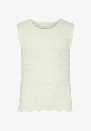 Top sans manches en tricot écru avec un motif géométrique, une surface texturée et un ourlet festonné. L'étiquette indique "VERO MODA."