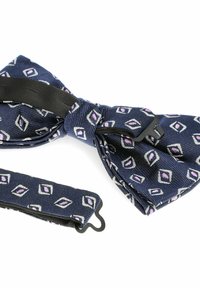 Granatowy materialowy muszka w geometryczny wzór w kolorze purpurowym i białym. Zawiera czarny pasek do przymocowania oraz teksturowane wykończenie.