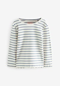 Weißes Langarmshirt mit marineblauen horizontalen Streifen, rundem Auschnitt und gewelltem Saum. Ribbelstruktur, lässiges Design.