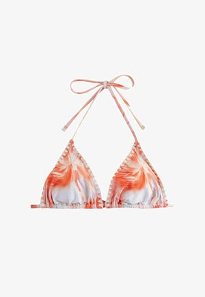 Trīsstūrveida bikīni augšdaļa no mīksta auduma, ar ziedu rakstu oranžā un baltā krāsā, ar regulējamām saitēm un dekoratīvām volāniņām uz malām.