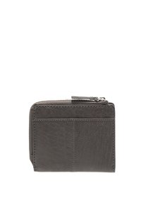 Portafoglio in pelle grigia con una texture liscia, dotato di più scomparti per schede e di un compartimento con zip. I dettagli cuciti arricchiscono il design.