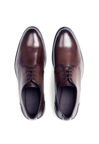 Chaussures à lacets en cuir marron avec une finition lisse, bout rond et semelle foncée contrastante. L'intérieur présente un détail subtil du logo.