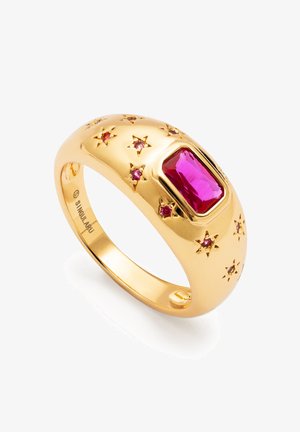 Gold ring featuring a rectangular fuchsia central stone, surrounded by small pink and gold star accents on a smooth band.