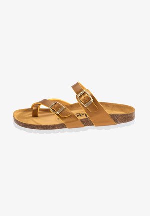Goudkleurige leren sandalen met twee verstelbare gespen, een kurken voetbed en een witte rubberen zool; open teen ontwerp met kruisbanden.