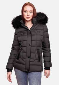 Black puffer jacket with a fur-lined hood, vertical ribbed texture, zip closure, and front pockets. Features black accents and buttons.