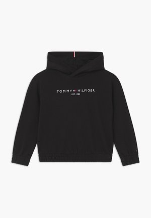 Sort hættebluse med logo på forsiden, snøre ved hætten, elastisk kant og manchetter, lavet af blødt stof, med et minimalistisk design.