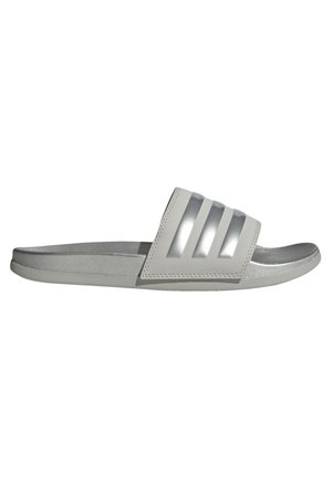 Infradito grigio con una fascia testurizzata e tre strisce argentate, superficie liscia e suola flessibile per il massimo comfort. Design leggero.