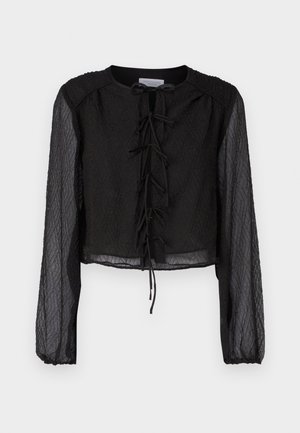 Schwarze, kürzere Bluse aus strukturiertem Stoff, mit langen transparenten Ärmeln, einem runden Halsauschnitt und einer vorderen Schnürung.