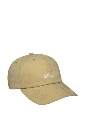 Beige cotton baseball cap with a curved brim, featuring white embroidered logo on the front and brown stitching details.