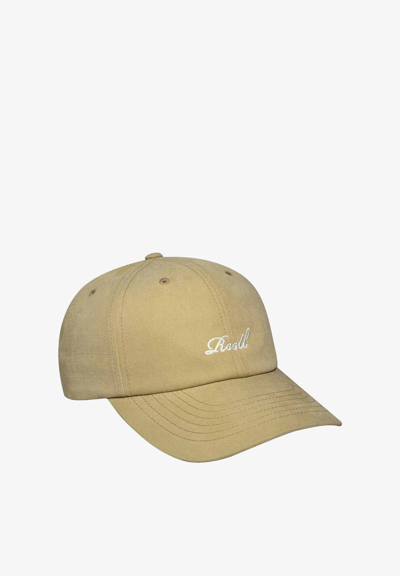 Beige cotton baseball cap with a curved brim, featuring white embroidered logo on the front and brown stitching details.