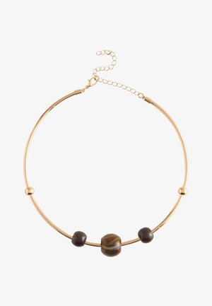 Goldfarbene Choker-Halskette mit verstellbarer Kette und drei braunen, polierten Steinperlen vorne verteilt.