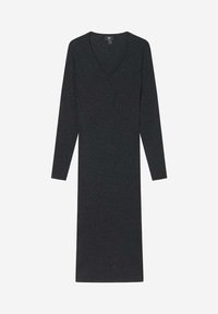 Robe à manches longues et décolleté en V, en gris foncé avec une texture côtelée, présentant une silhouette ajustée et une coupe au genou.