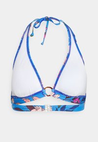 Driehoek bikini-top in wit en blauw, met bloemenaccenten. Verstelbare strikbanden en een ronde hardware detail aan de voorkant.