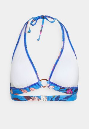 Top de bikini triángulo en blanco y azul, con acentos florales. Tirantes ajustables con anclaje de hardware circular en la parte delantera.