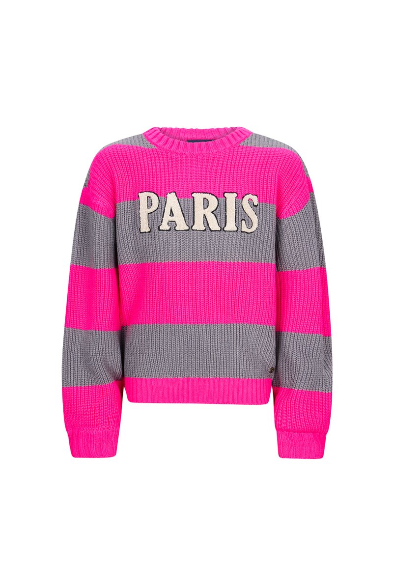 Maglione lavorato a maglia con righe orizzontali rosa e grigie, colletto rotondo e la scritta "PARIS" ricamata in crema. Tessuto spesso, vestibilità cropped.
