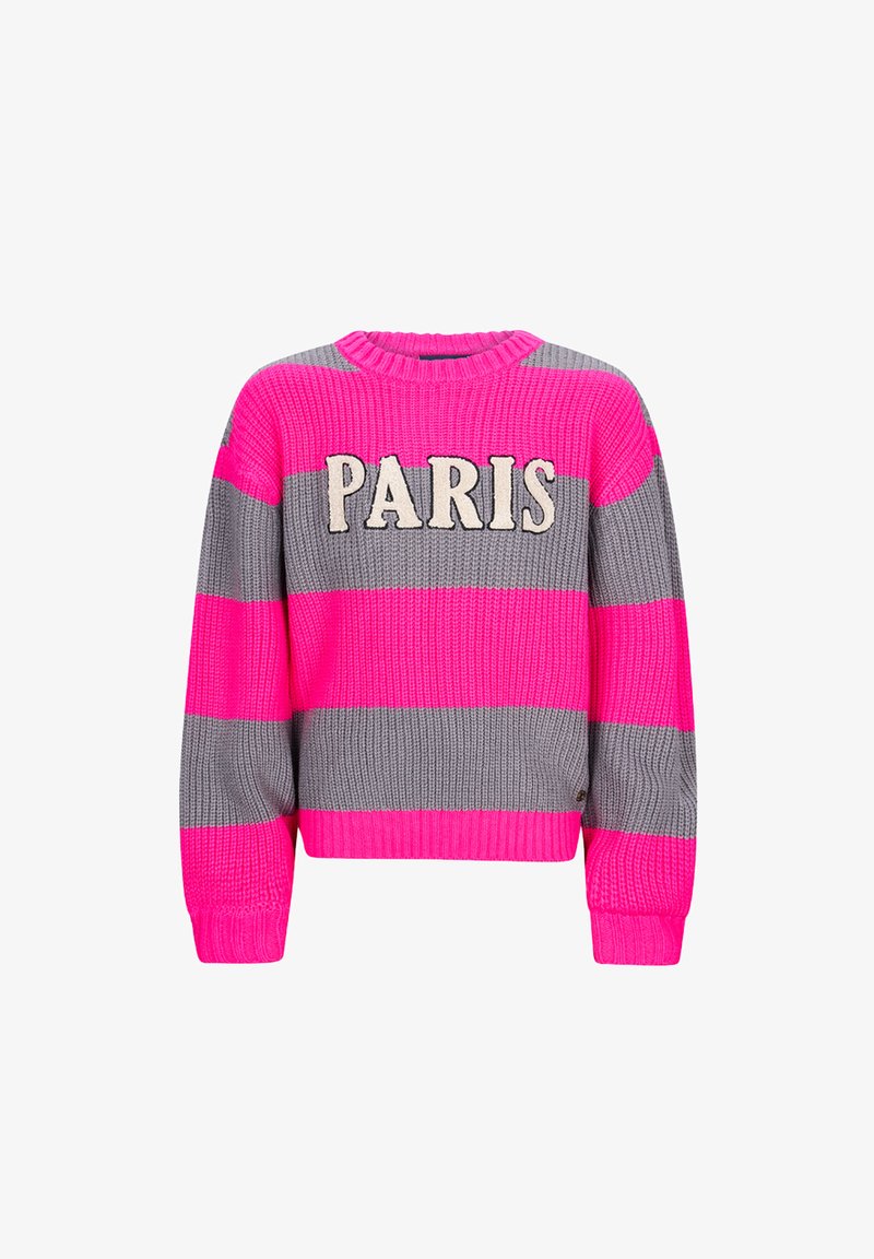 Maglione lavorato a maglia con righe orizzontali rosa e grigie, colletto rotondo e la scritta "PARIS" ricamata in crema. Tessuto spesso, vestibilità cropped.