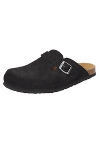Schwarze Wildleder-Clogs mit runder Zehenpartie, verstellbarem Schnallenriemen, Korkeinlegesohle und strukturiertem Gummi-Au�ßensohle für besseren Halt.