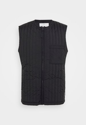 Black quilted sleeveless vest with a front zipper and a left chest pocket. Features a smooth texture and horizontal stitching pattern.