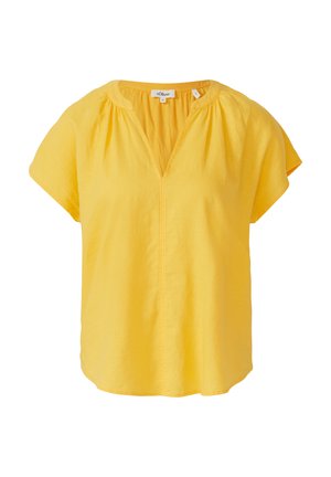 Blouse jaune à manches courtes avec un col en V et des détails froncés le long de l'encolure. Fabriquée dans un tissu léger et texturé.
