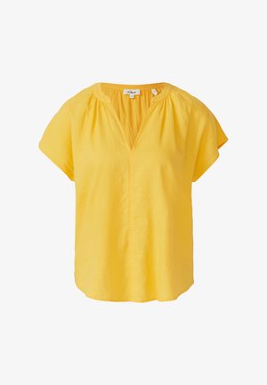 Blouse jaune à manches courtes avec un col en V et des détails froncés le long de l'encolure. Fabriquée dans un tissu léger et texturé.