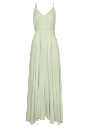 Light green sleeveless maxi dress with spaghetti straps and a fitted bodice flowing into a loose, floor-length skirt.