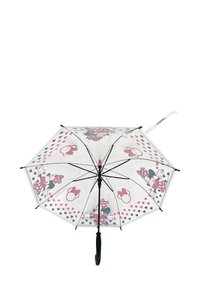 Transparenter Regenschirm mit einem schwarzen Griff und einem Design aus pinken Herzen und Cartoonfiguren auf dem durchsichtigen Schirmdach.