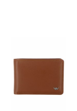 Portefeuille bifold en cuir marron avec coutures visibles et petit emblème logo argenté en bas à droite.