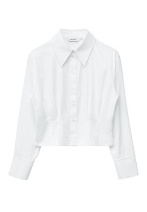 Hvid cropped skjorte med knapper, lange ærmer, bred krave og forreste folder, designet til damemode.