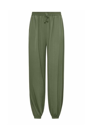 Pantaloni jogger verde oliva a vestibilità ampia con vita elastica e coulisse, polsini elastici arricciati alle caviglie, realizzati in tessuto leggero.