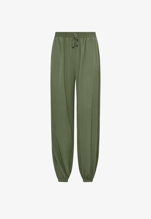 Olive green loose-fit jogger pants with elastic waistband and drawstring, gathered elastic cuffs at ankles, made from lightweight fabric.