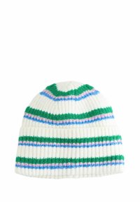 Knit beanie in white with green, blue, and pink horizontal stripes. Ribbed texture and a chevron pattern at the top.