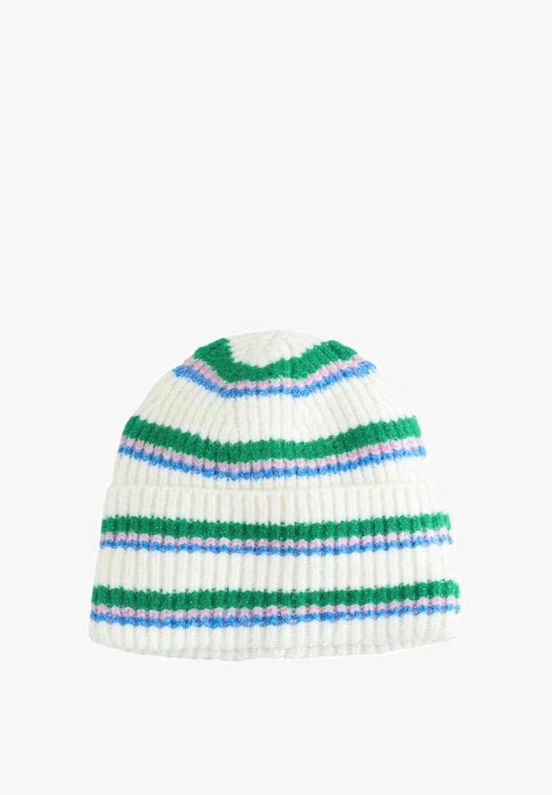 Knit beanie in white with green, blue, and pink horizontal stripes. Ribbed texture and a chevron pattern at the top.